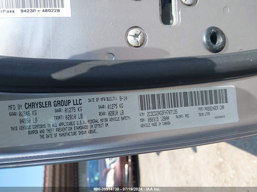 2015 Dodge Challenger Sxt VIN: 2C3CDZAG3FH707135 Lot: 39914730