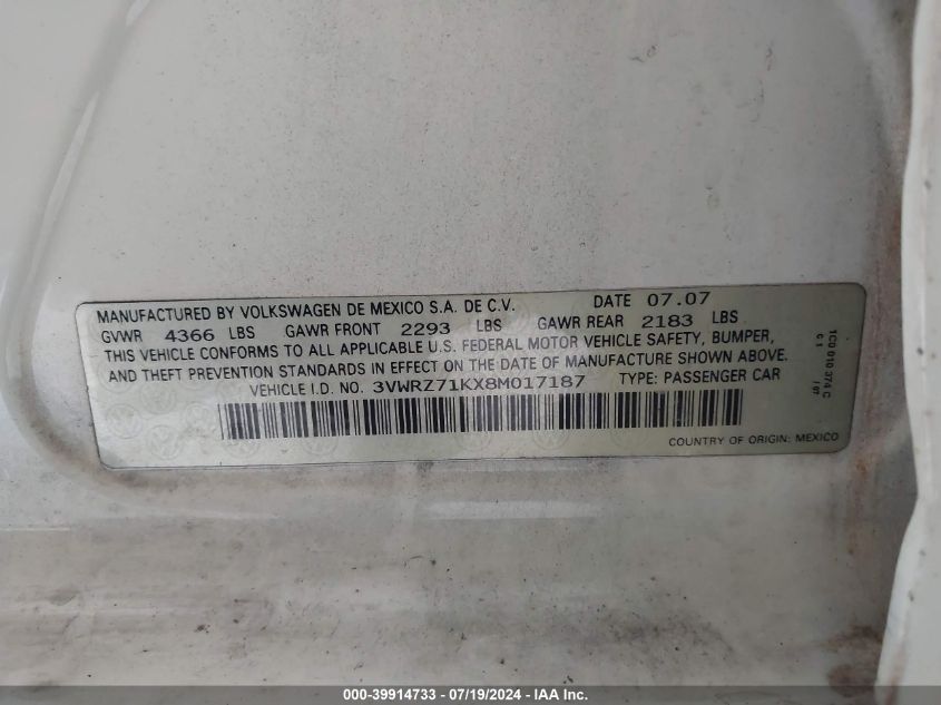 2008 Volkswagen Jetta Se/Sel VIN: 3VWRZ71KX8M017187 Lot: 39914733