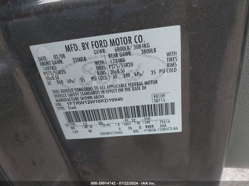 1FTRW12W18KD19940 2008 Ford F-150 60Th Anniversary/Fx2/Xl/Xlt