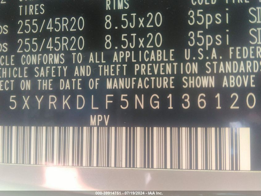 2022 Kia Sorento Sx VIN: 5XYRKDLF5NG136120 Lot: 39914751