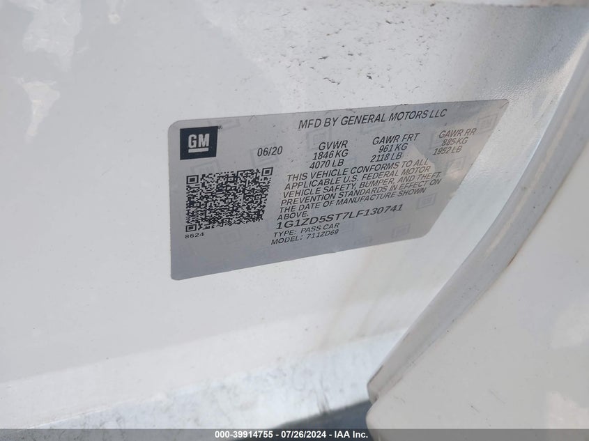 2020 CHEVROLET MALIBU FWD LT - 1G1ZD5ST7LF130741