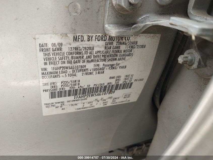 2010 Ford Taurus Sel VIN: 1FAHP2EW5AG107809 Lot: 39914757