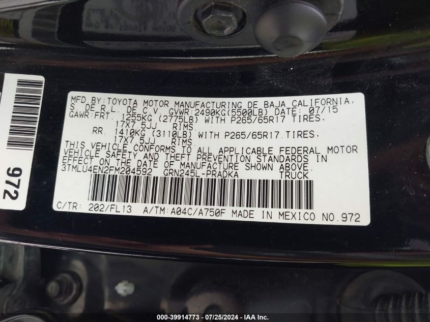 2015 Toyota Tacoma Base V6 VIN: 3TMLU4EN2FM204592 Lot: 39914773