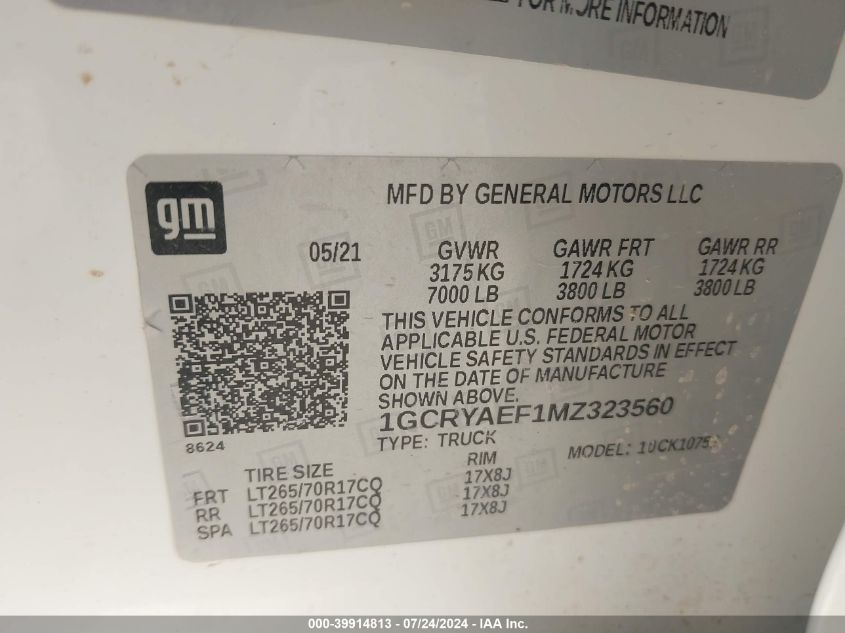 2021 Chevrolet Silverado 1500 4Wd Double Cab Standard Bed Wt VIN: 1GCRYAEF1MZ323560 Lot: 39914813