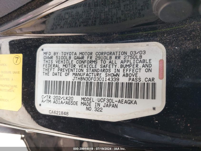 2003 Lexus Ls 430 VIN: JTHBN30F030114339 Lot: 39914819