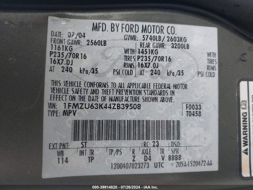 2004 Ford Explorer Xlt VIN: 1FMZU63K44ZB39508 Lot: 39914820