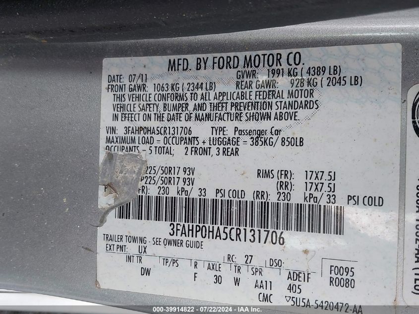 2012 Ford Fusion Se VIN: 3FAHP0HA5CR131706 Lot: 39914822