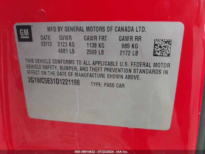 2013 Chevrolet Impala Ltz VIN: 2G1WC5E31D1221188 Lot: 39914832