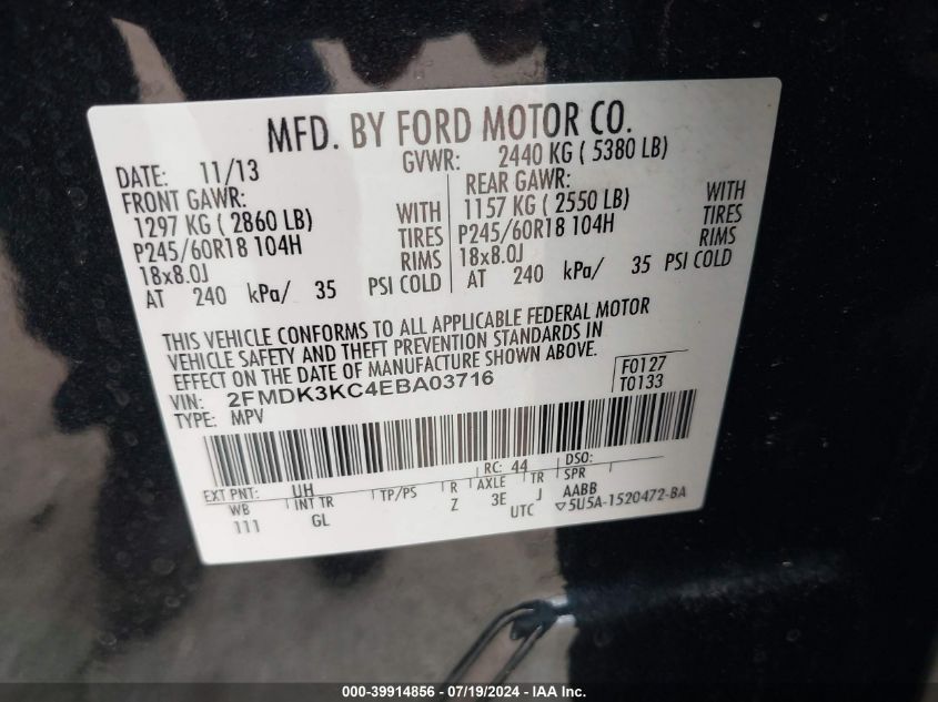 2014 Ford Edge Limited VIN: 2FMDK3KC4EBA03716 Lot: 39914856