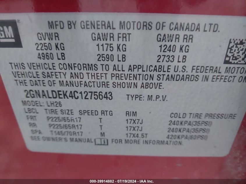 2012 Chevrolet Equinox 1Lt VIN: 2GNALDEK4C1275643 Lot: 39914882