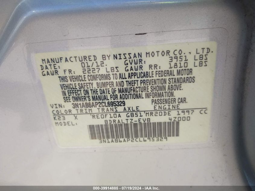 2012 Nissan Sentra 2.0 Sr VIN: 3N1AB6AP2CL695329 Lot: 39914885