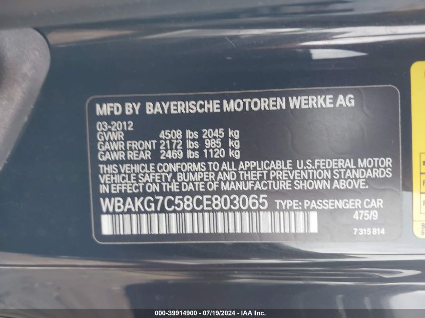 2012 BMW 335I VIN: WBAKG7C58CE803065 Lot: 39914900