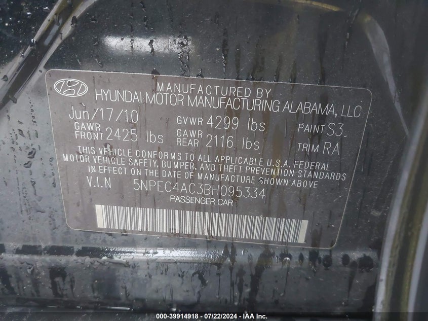 2011 Hyundai Sonata Limited VIN: 5NPEC4AC3BH095334 Lot: 39914918