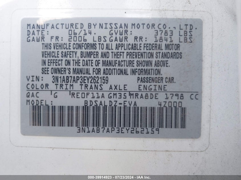 2014 Nissan Sentra Sv VIN: 3N1AB7AP3EY262159 Lot: 39914923