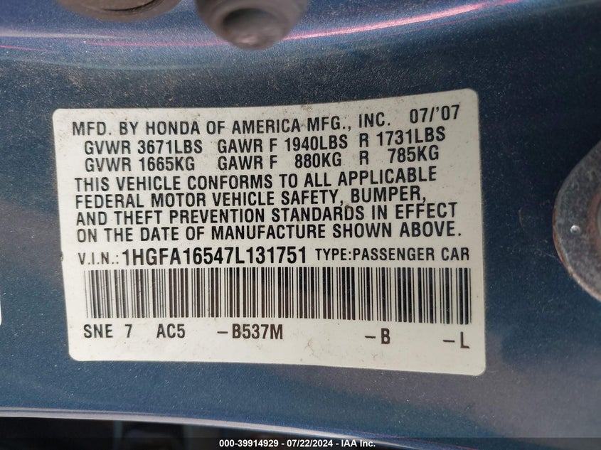 2007 Honda Civic Lx VIN: 1HGFA16547L131751 Lot: 39914929