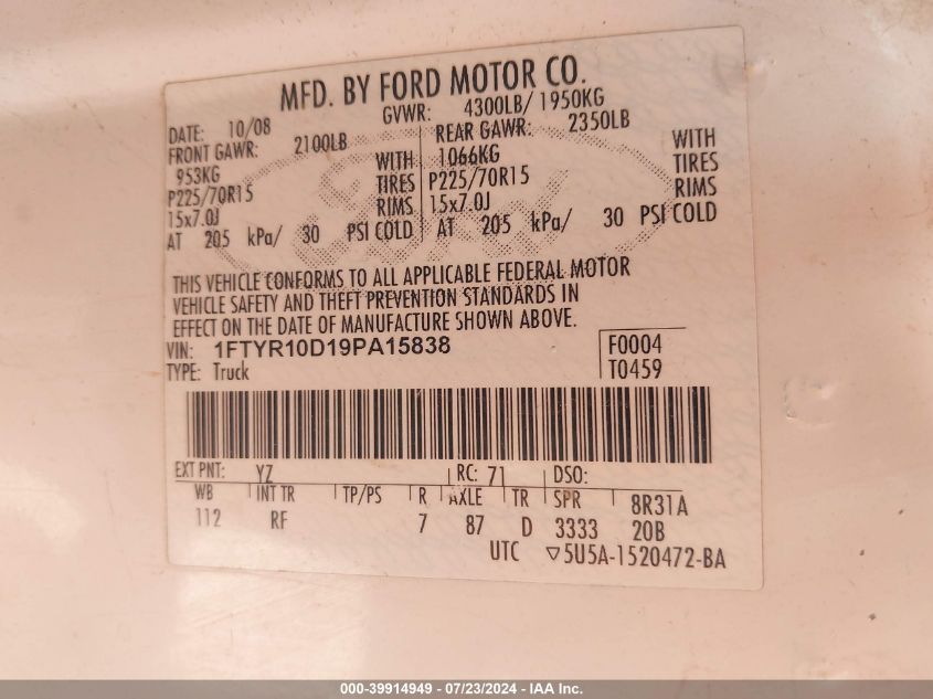 2009 Ford Ranger VIN: 1FTYR10D19PA15838 Lot: 39914949