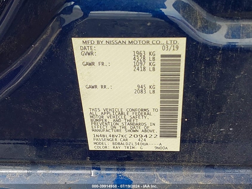 1N4BL4BV7KC209422 2019 Nissan Altima 2.5 S