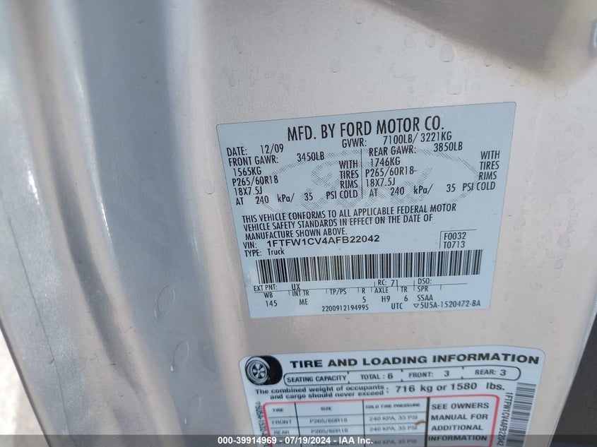 2010 Ford F-150 Xlt VIN: 1FTFW1CV4AFB22042 Lot: 39914969