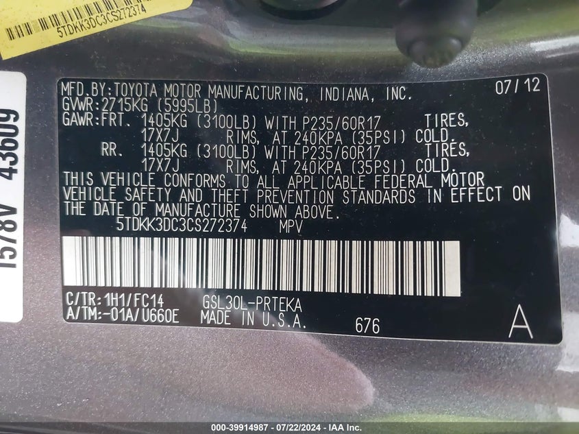 2012 Toyota Sienna Le V6 8 Passenger VIN: 5TDKK3DC3CS272374 Lot: 39914987