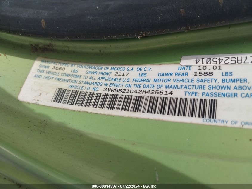 2002 Volkswagen New Beetle Gl VIN: 3VWBB21C42M425614 Lot: 39914997