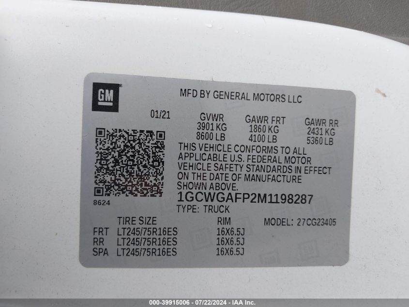 2021 Chevrolet Express Cargo Rwd 2500 Regular Wheelbase Wt VIN: 1GCWGAFP2M1198287 Lot: 39915006