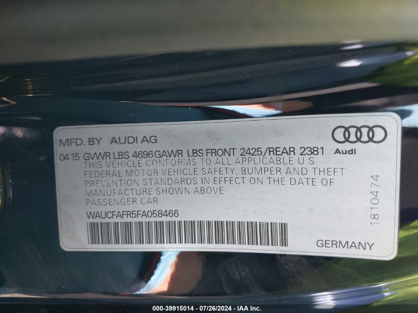 2015 Audi A5 2.0T Premium VIN: WAUCFAFR5FA058466 Lot: 39915014