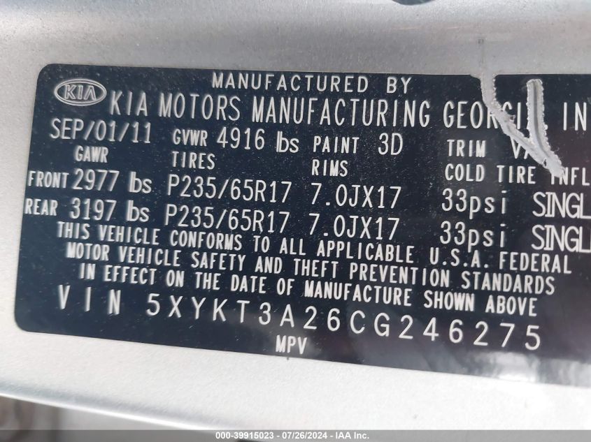 2012 Kia Sorento Lx V6 VIN: 5XYKT3A26CG246275 Lot: 39915023