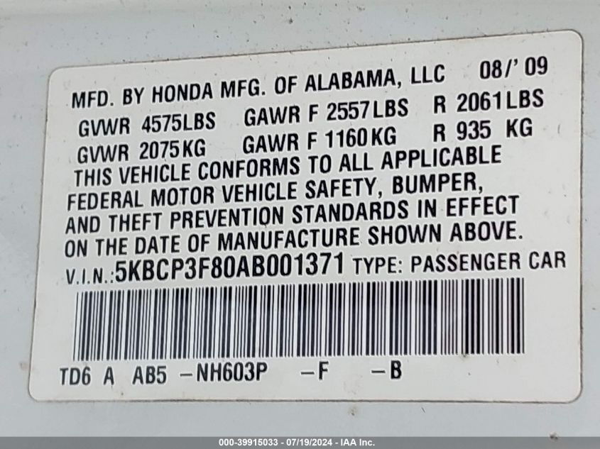 2010 Honda Accord Exl VIN: 5KBCP3F80AB001371 Lot: 39915033