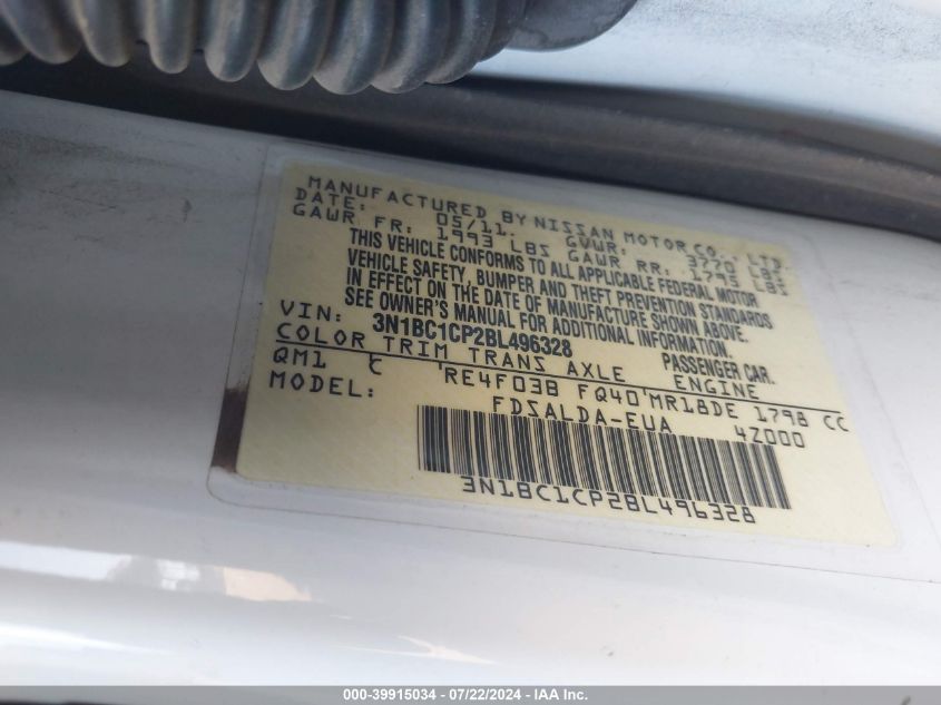 2011 Nissan Versa 1.8S VIN: 3N1BC1CP2BL496328 Lot: 39915034