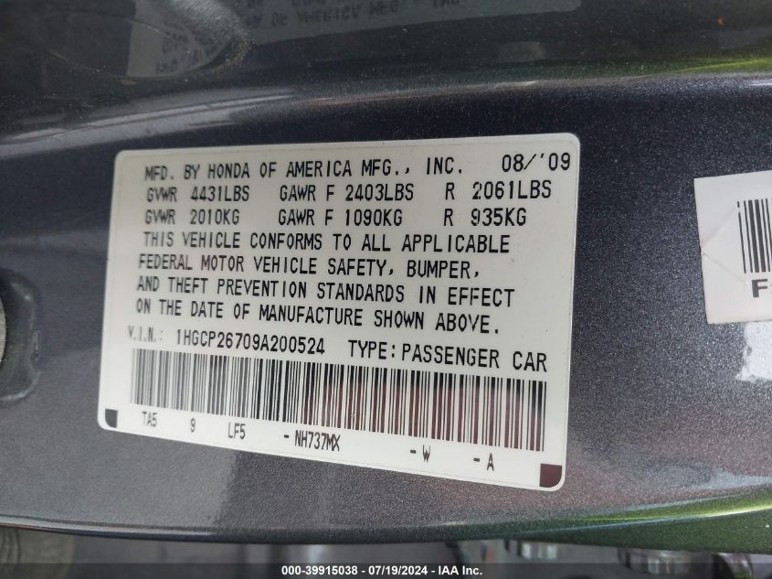 1HGCP26709A200524 2009 Honda Accord Ex