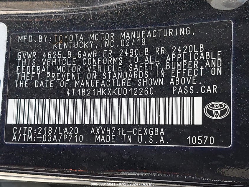 2019 TOYOTA CAMRY HYBRID XLE - 4T1B21HKXKU012260