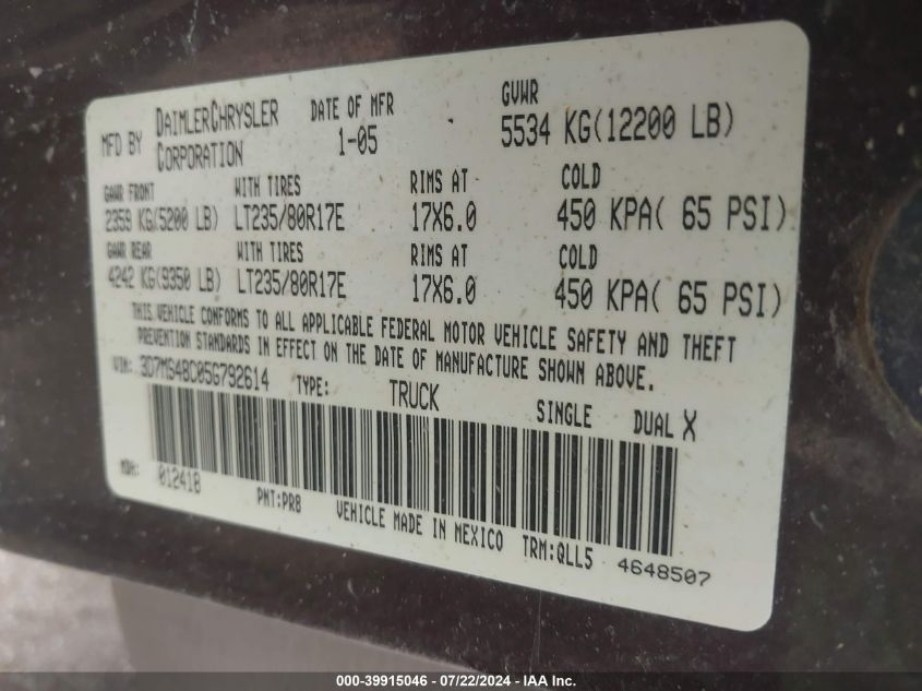 2005 Dodge Ram 3500 Slt/Laramie VIN: 3D7MS48C05G792614 Lot: 39915046