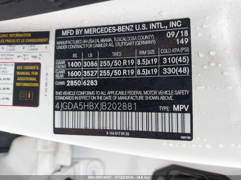 VIN 4JGDA5HBXJB202881 2018 MERCEDES-BENZ GLE 350 4MATIC