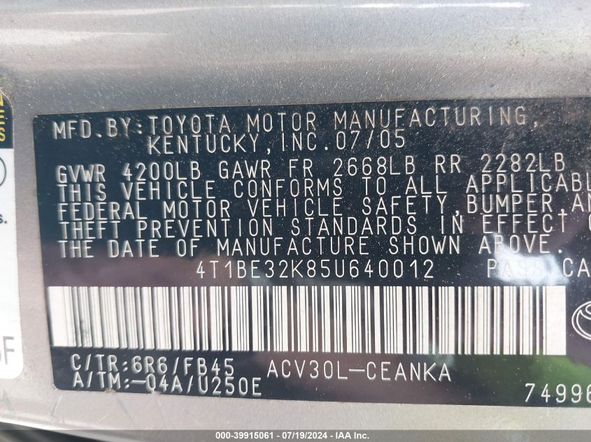 4T1BE32K85U640012 | 2005 TOYOTA CAMRY