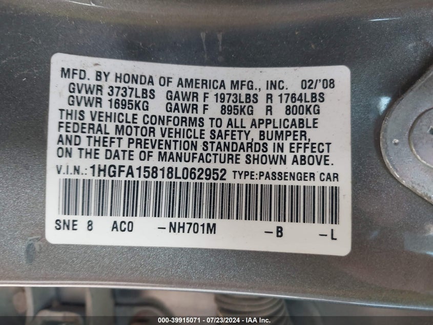 2008 Honda Civic Ex VIN: 1HGFA15818L062952 Lot: 39915071