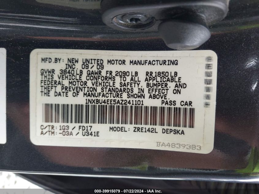 2010 Toyota Corolla S VIN: 1NXBU4EE5AZ241101 Lot: 39915079