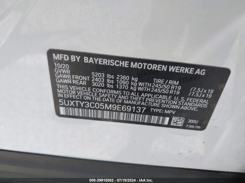 2021 BMW X3 Sdrive30I VIN: 5UXTY3C05M9E69137 Lot: 39915082