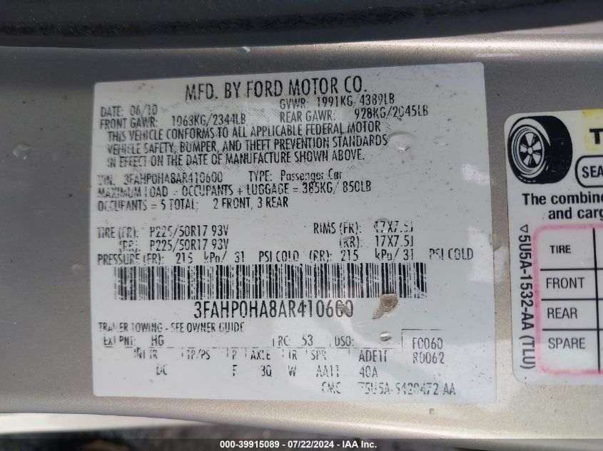 2010 Ford Fusion Se VIN: 3FAHP0HA8AR410600 Lot: 39915089