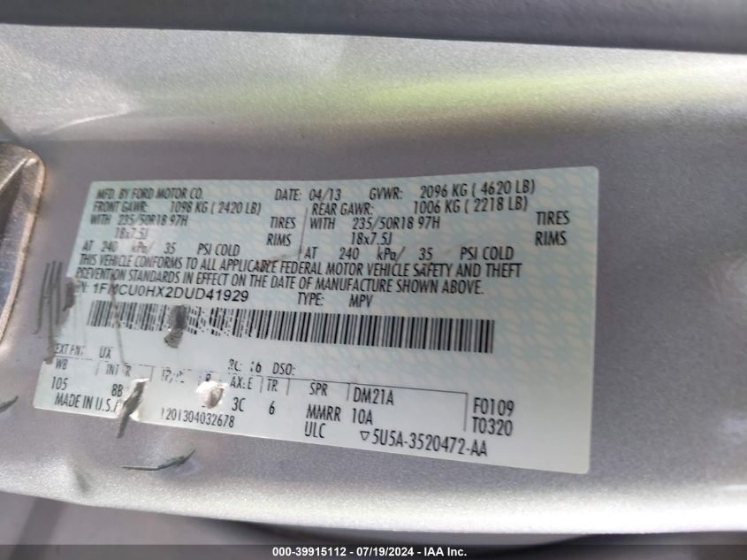 2013 Ford Escape Sel VIN: 1FMCU0HX2DUD41929 Lot: 39915112