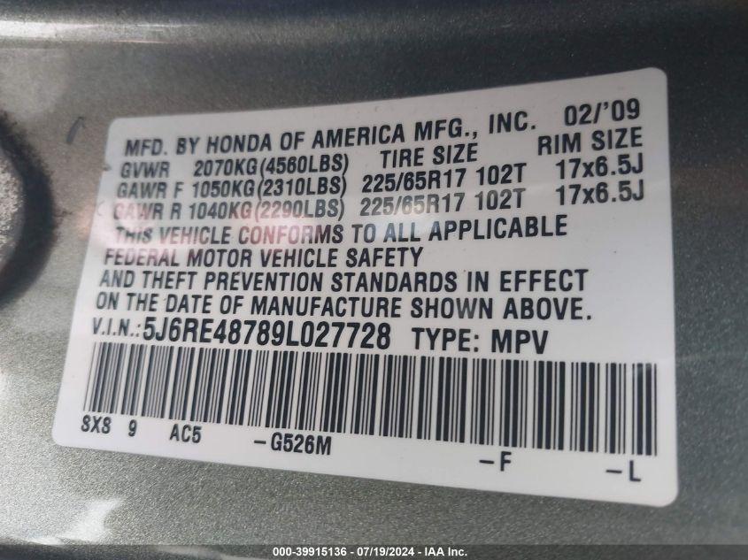 2009 Honda Cr-V Ex-L VIN: 5J6RE48789L027728 Lot: 39915136