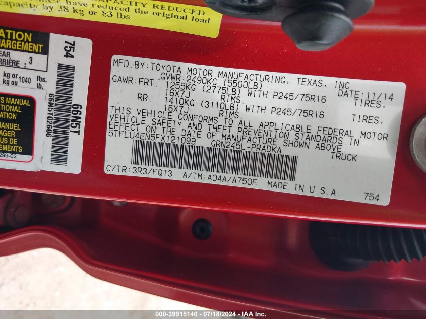 2015 Toyota Tacoma Base V6 VIN: 5TFLU4EN5FX121099 Lot: 39915140