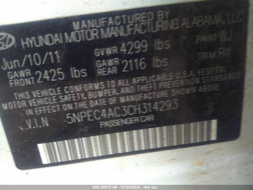 5NPEC4AC3CH314293 2012 Hyundai Sonata Limited