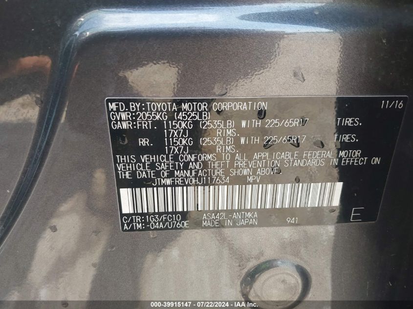 2017 Toyota Rav4 Xle VIN: JTMWFREV0HJ117634 Lot: 39915147