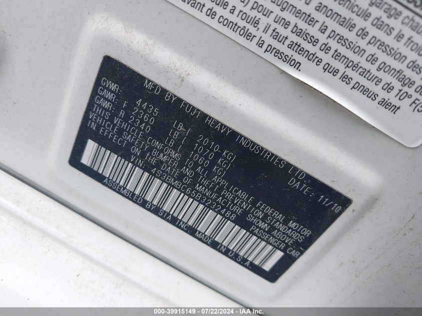 2011 Subaru Legacy 2.5I Premium VIN: 4S3BMBC65B3232488 Lot: 39915149