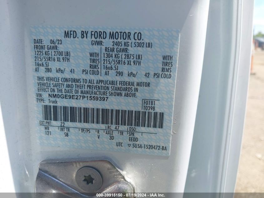 2023 Ford Transit Connect Xl Passenger VIN: NM0GE9E27P1559397 Lot: 39915150