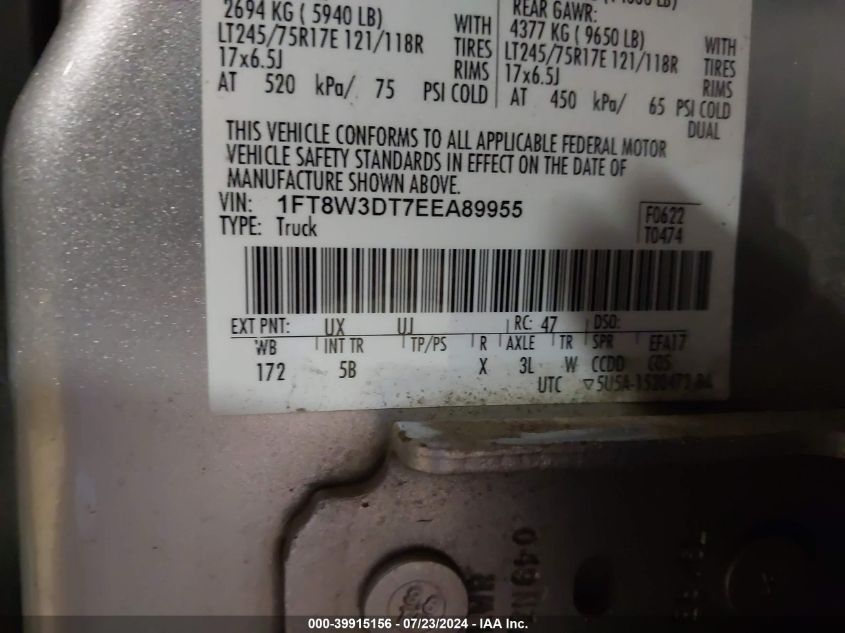 2014 Ford F-350 Lariat VIN: 1FT8W3DT7EEA89955 Lot: 39915156