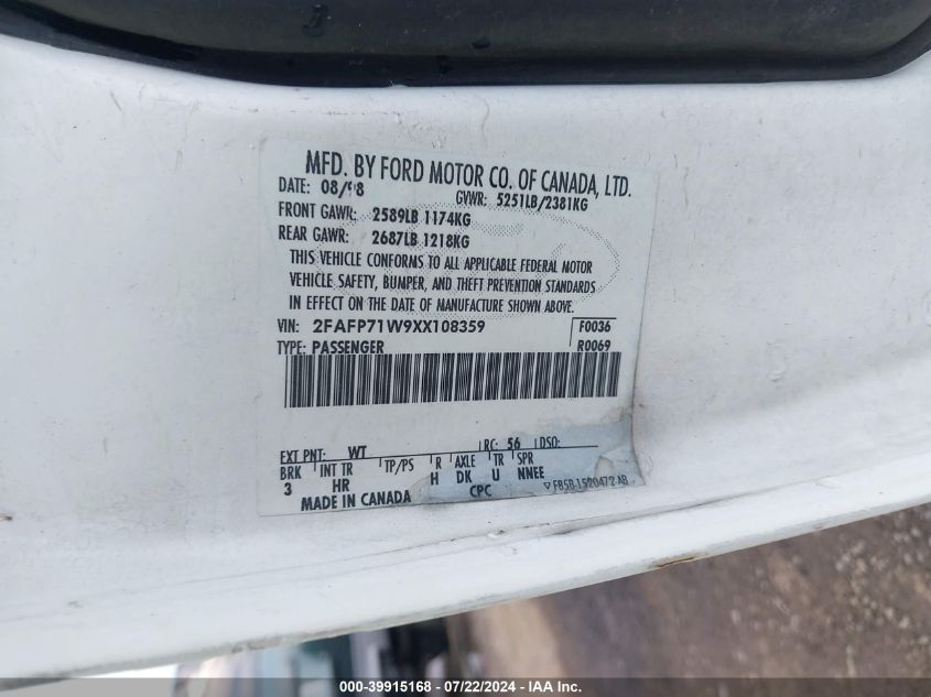 1999 Ford Crown Victoria Police Interceptor VIN: 2FAFP71W9XX108359 Lot: 39915168