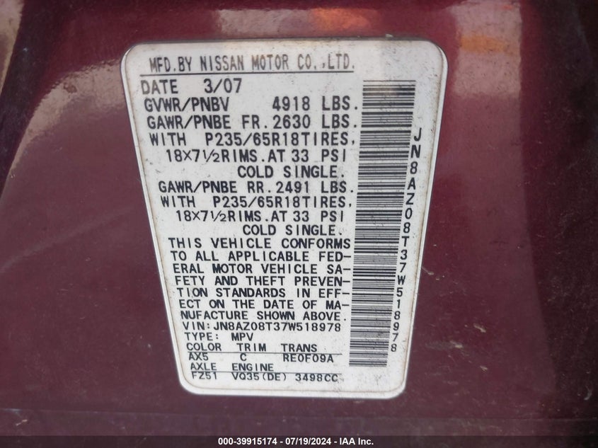 2007 Nissan Murano Sl VIN: JN8AZ08T37W518978 Lot: 39915174