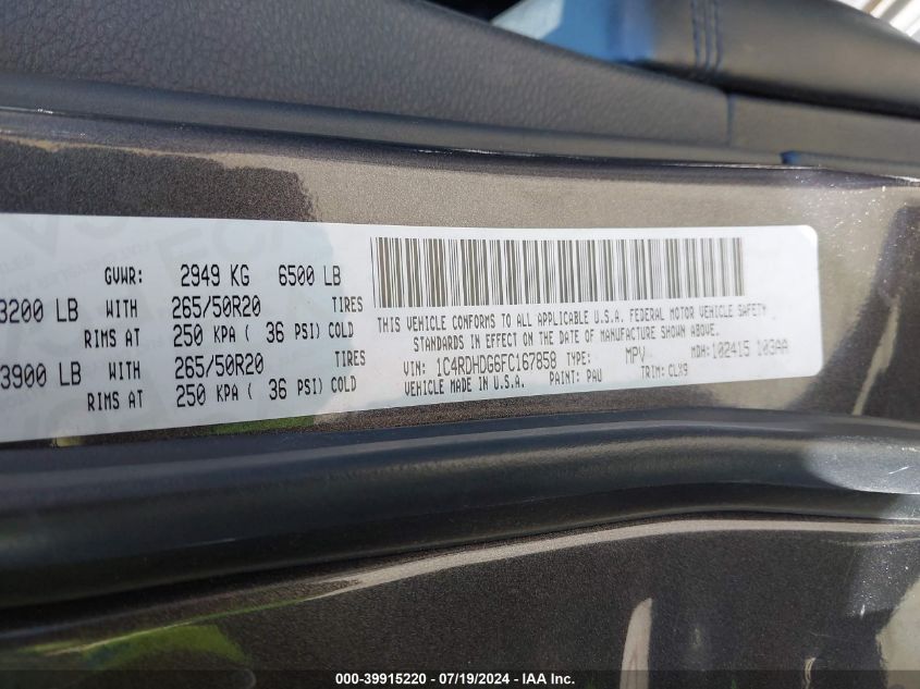 2015 Dodge Durango Limited VIN: 1C4RDHDG6FC167858 Lot: 39915220