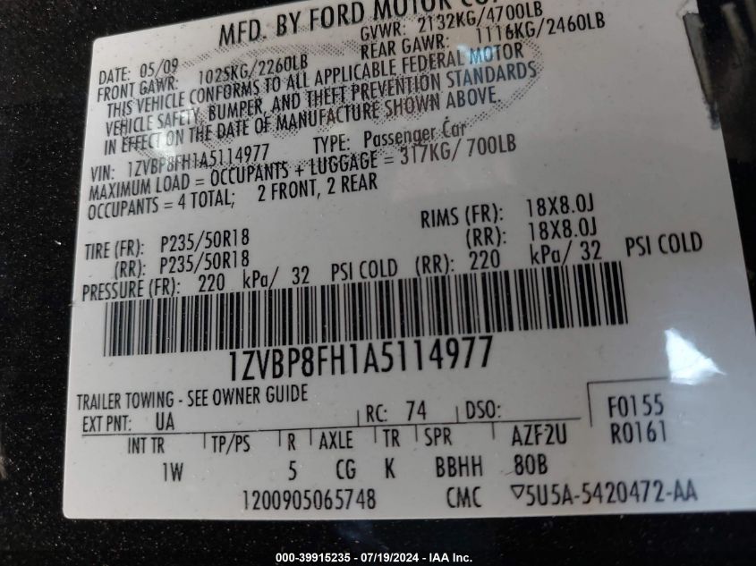 2010 Ford Mustang Gt/Gt Premium VIN: 1ZVBP8FH1A5114977 Lot: 39915235